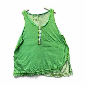We The Free Women’s XL Green Blue Striped Henley Sleeveless Linen Cotton Tank